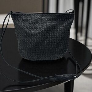 GANSON Black Leather Bag Purse WOVEN Shoulder Bag